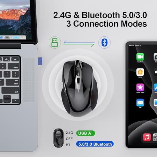 TECKNET Wireless Mouse, BT 5.0/2.4G, Silent 4800 DPI 6 Buttons, Black