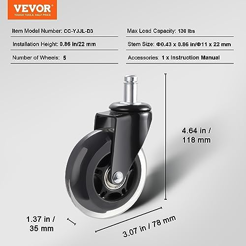 VEVOR Office Chair Wheels, Set of 5, 3 inch Caster Wheels Replacement for Hardwood Floors and Carpet, Heavy Duty Casters with 650 lbs Load Capacity, Universal Fit for Most Chairs, Black