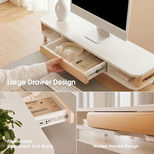 Fenge Dual Monitor Stand with Large Storage Drawer, 42.5" Desk Shelf, White
