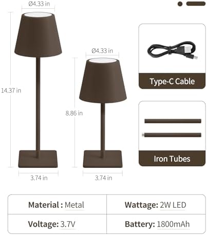 UME 3 Pack Cordless Table Lamp, Battery Operated Lamp - Portable Waterproof Rechargeable Table Lamp w/ 3 Color Temps & Stepless Dimming for Dinner, Desk, Cafe, Outdoor (Matte Brown)
