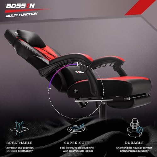 BOSSIN Racing Style Gaming Chair, Leather Computer Desk Chair with Footrest and Headrest, Ergonomic Heavy Duty Design, Large Size High-Back E-Sports, Big and Tall Gaming Chair