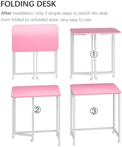 4NM 23.6" Mobile Small Rolling Computer Desk, Folding Laptop Cart Table with Wheels, Portable Office Desk for Small Space Couch Bed - Pink and White