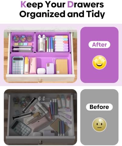 10 Pack Large Size Plastic Drawer Organizers Set, 3 Sizes Desk Drawer Organizer Trays, Storage Bins for Vanity, Makeup, Bathroom, Kitchen Utensils and Office (Purple)