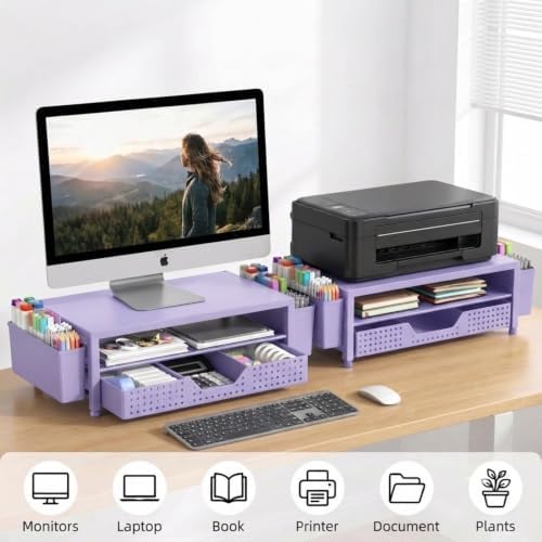 ECOLOVI Desk Organizer and Accessories, 2-Tier Computer Monitor Stand Rise with Storage Drawer & 2 Pen Holders, Laptop & Printer Stand for Desktop, Workspace Organizers for Office Supplies (Purple)