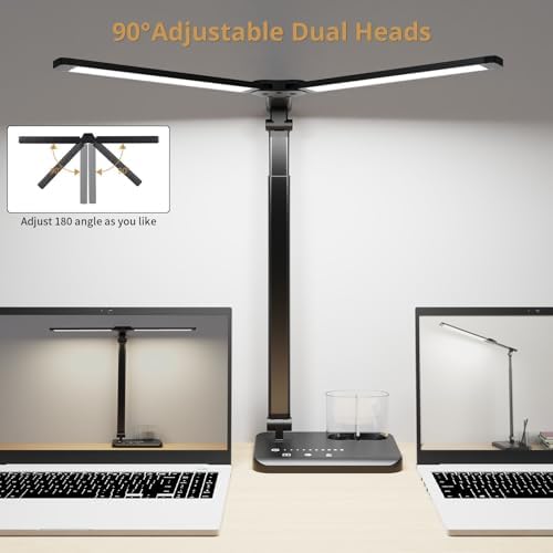 Woputne LED Desk Lamp Dual Heads, Dual USB Port, Height Adjustable, 15W