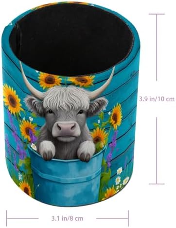 Highland Cow Rustic Teal Wood Pen Holder Pencil Organizer Cute Pencil Cup Desk Decor Makeup Brush Holder PU Multifunctional Office Supplies for Home Classroom School