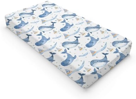 Watercolor Sea Animals Boats Pattern Baby Changing Pad Cover, Unisex Ocean Whale Nursery Diaper Changing Table Pad Mat Sheet for Boys Girls-16x32