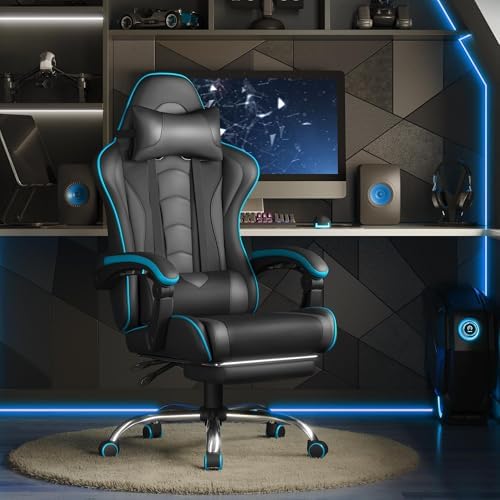 Yaheetech Gaming Chair with Footrest Massage Lumbar Pillow Black and Gray