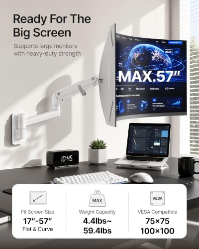 monTEK Single Monitor Wall Mount, 17–57" Gas Spring Arm, Heavy Duty, White