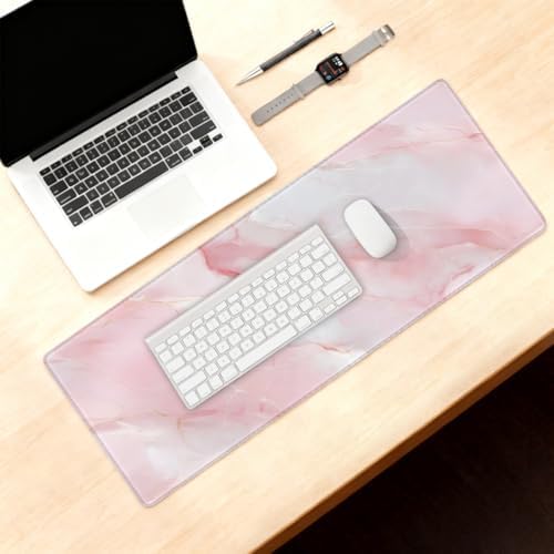 Large Mouse Pad Pink White Marble Non-Slip Rubber Long Gaming Desk Mat Big Computer Keyboard Mousepad Waterproof Protector Wristing Pad for Gaming Office Home Decorative 31.5 X 11.8 Inch