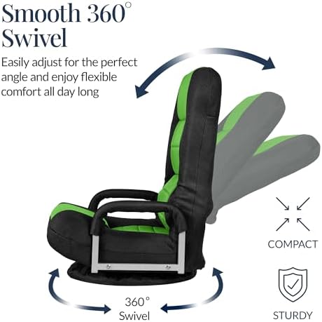 Best Choice Products Swivel Gaming Chair 360 Degree Multipurpose Floor Chair Rocker for TV, Reading, Playing Video Games w/Lumbar Support, Armrest Handles, Adjustable Foldable Backrest - Black/Green