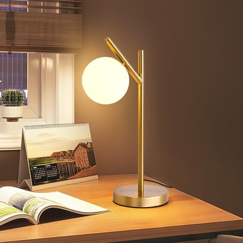 Gold Table Lamp, White Glass Globe lamp Mid Century Modern Bedside lamp Soft Glow Bedside Nightstand Light for Bedroom Living Room Study Office