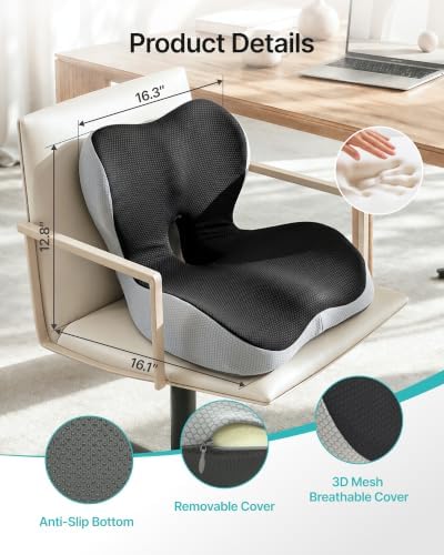 PEGZONE Seat Cushion & Ergonomic Lumbar Support Pillow Memory Foam Cushion for Office Chair, Car, Wheelchair – Orthopedic Pain Relief Cushion for Back, Sciatica, Tailbone, Butt - Black & Gray