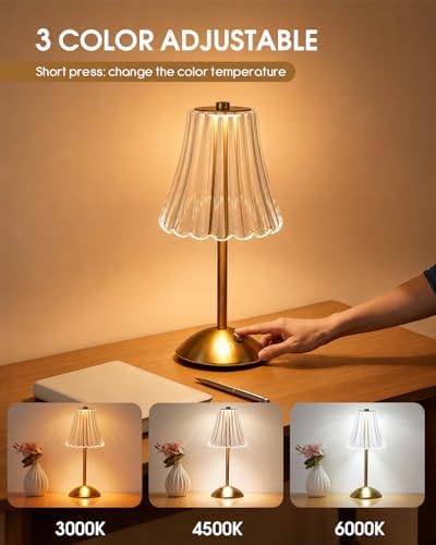 Nusogon Rechargeable Cordless Table Lamp, Gold Touch Crystal Desk Lamp