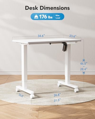 HUANUO Electric Small Standing Desk, Whole Piece Desktop, Adjustable Height Computer Desk, 4 Height Memory Settings, Sit Stand Up Desk for Home Office, 35" x 24", White