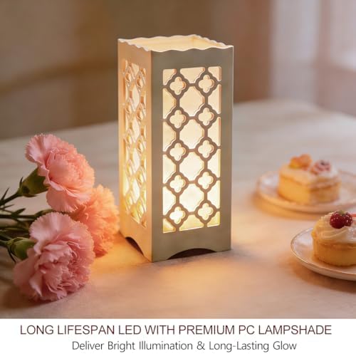 9" Tall LED Table Lamp with Flower Shaped Carving (Battery & USB Operated) - LED Desk Lamps Rechargeable with USB Charging Port - White Lamps Decorative Indoor Lights Lights