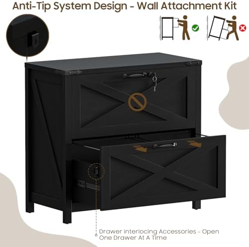 Halitaa Farmhouse Lateral File Cabinet with 2 Drawers, Rustic Black