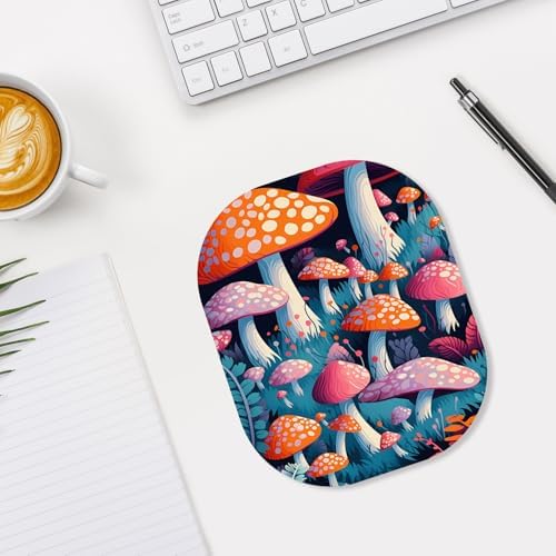 Small Mouse Pad, 6 x 7 Inch, Oval Mini Mouse Pad with Non-Slip Rubber Base for Laptop Wireless Mouse Keyboard Tray Mousepad, Pretty Mushroom