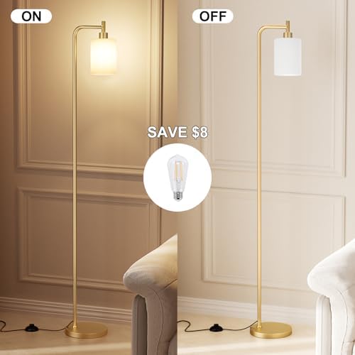 Ziisee Floor Lamps for Living Room - Industrial Standing Lamp with Frosted White Glass Shade, Modern Gold Floor Lamp with LED Bulbs, Farmhouse Floor Lamp for Bedroom, Tall Lamp for Office - Gold