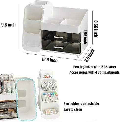 Desk Organizer with Pen Pencil Holder, Pen Organizer with 2 Drawers & 4 Compartments, Desktop Organizers and Storage for Office Home School Art Supplies (Pink)