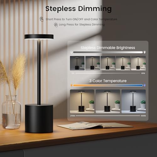 SAKRINGT 2 Pack Rechargeable Table Lamp, LED Cordless Table Lamp,5000mAh Battery Operated Portable Table Light,Dimming for Restaurant/Patio/Outdoor(Black)
