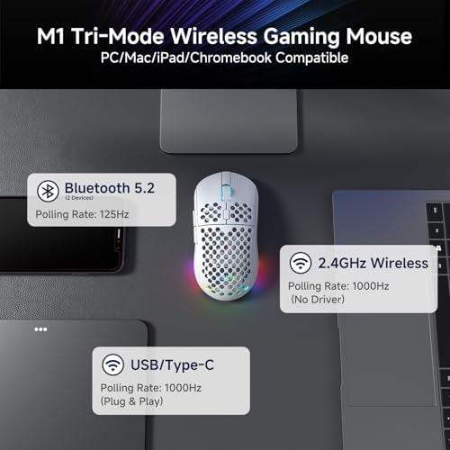 DIERYA M1 Wireless Gaming Mouse, 24000DPI, 180Hrs Battery, 16.8M RGB, 6 Programmable Buttons, Lightweight, Tri-Mode (2.4G/BT5.2/USB-C) for PC/Mac/Laptop - White