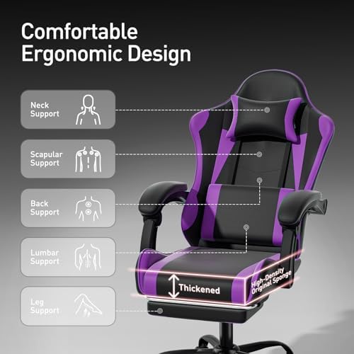 MoNiBloom Gaming Chair, Footrest & Lumbar Support, Height Adjust, Purple