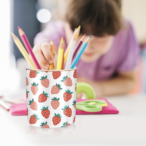 Pencil Holder for Desk, Ceramic Pencil Pens Cup Cute Makeup Brush Holder, Unique Desk Multifunctional Pen Organizer for Home, Office, Strawberries Pattern