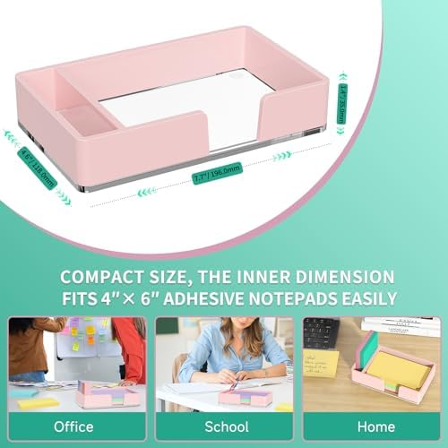 Sticky Note Holder with Pen Slot, Pink Acrylic Notepad Holder 4x6 in Self-Stick Note Dispenser Office Desk Accessories, Memo Pad Holder Organizer for Classroom School Supplies