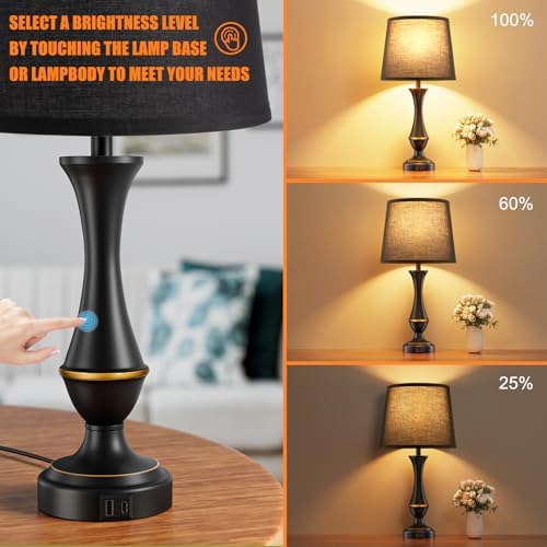 Touch Lamps for Nightstand, 3 Way Dimmable Lamps for Bedroom with USB C+A