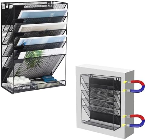 EASEPRES Magnetic File Organizer Mesh 6-Tier, Hanging Wall Mount File Organizer Vertical Holder Rack for Office Home, Black