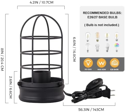 Cerdeco Small Industrial Table Lamp,Black Vintage Desk Light for Bedside