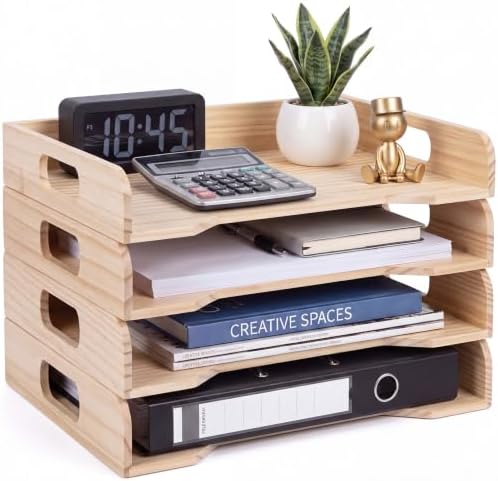 Yinkin Wooden Stackable Paper Trays 4-Tier Wooden Paper Organizer for Desk Letter Documents Wood Desktop File Organizers for Desktop File Holder and Office Supplies Rack for Home Office Use (Natural)