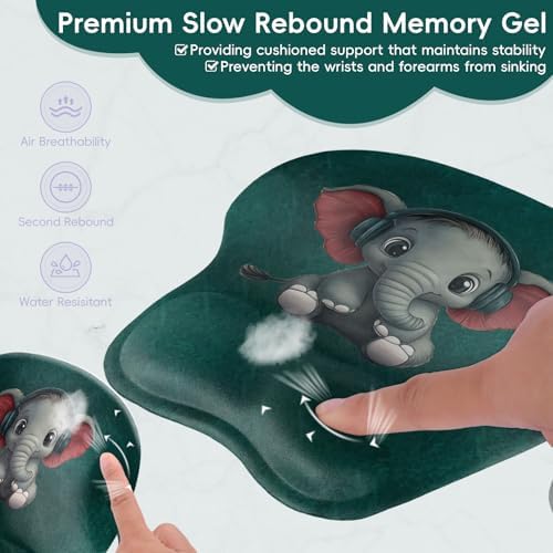 Mouse Pad with Wrist Rest Ergonomic Mouse Pad with Comfortable M-Shape Pain Relief Wrist Support Non-Slip PU Base Mousepad for Laptop, Office & Home (Green Elephant)