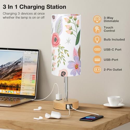 Touch Bedside Table Lamps Set of 2 - Bedroom Lamp with USB A+C, AC Outlet