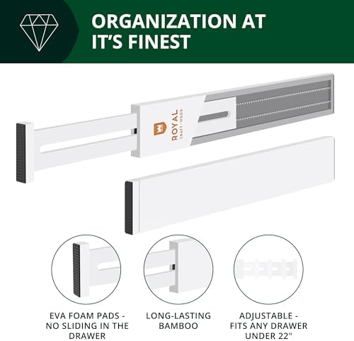 Bamboo Drawer Dividers Organizers, Adjustable Drawer Separator Splitters, 17–22 Inches Expandable Drawer Divider Organizer for Large Utensils, Kitchen, Bedroom, Dresser & Office Drawers 4-Pack, White