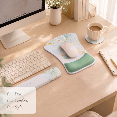 Gel Mouse Pad & Memory Foam Keyboard Wrist Rest Set Sage Green Floral
