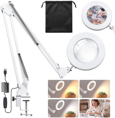 10X Magnifying Glass Lamp w/Clamp, 360° Shadow-Free Light for Close Work