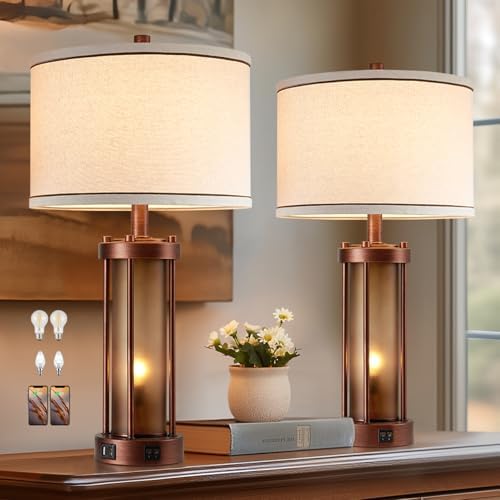 RORIA Set of 2 Farmhouse Table Lamps for Living Room with 2 USB Ports