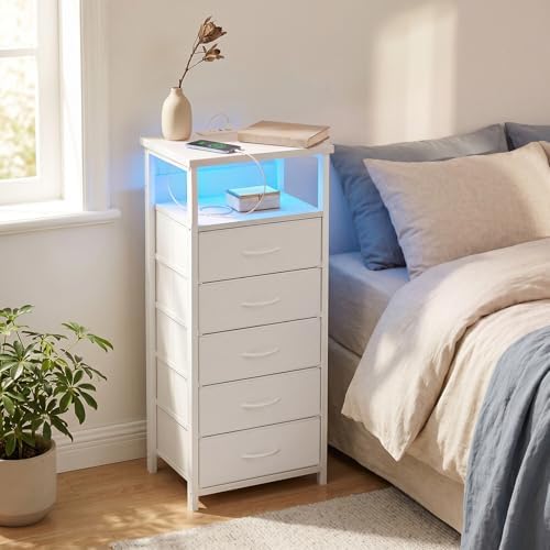 Fixwal Night Stand with Charging Station, White Led Nightstand, 5 Drawers
