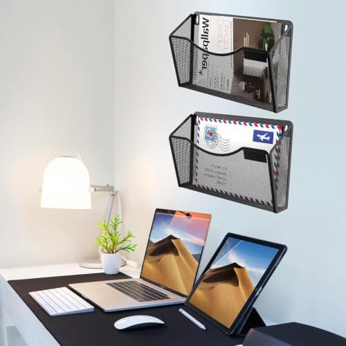 Gawerk Mesh Hanging Wall File Holders, Metal Vertical Wall Basket Mail Organizer for Office/Home (Black, 2 Pack Wall Mounted)
