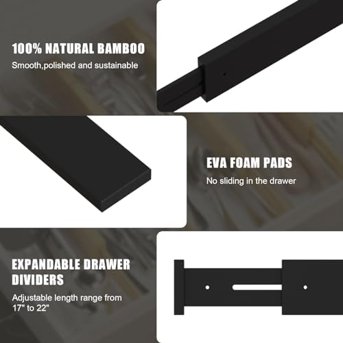 Bamboo Drawer Dividers, Adjustable Drawer Organizers, Fits 17.6–21" Drawers