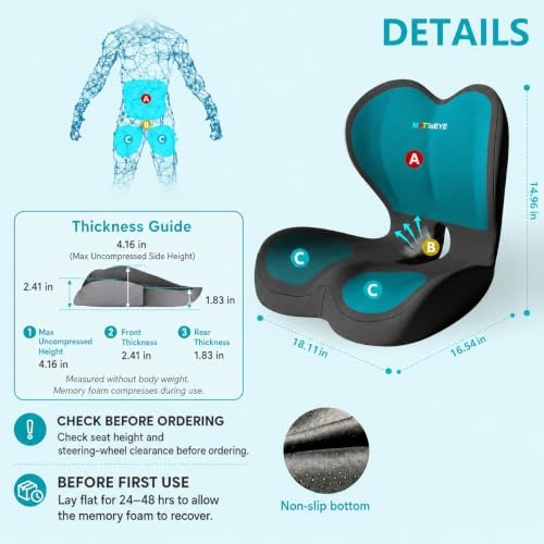 Ergonomic Memory Foam Seat Cushion with Strap for Office Chair (Dark Grey)
