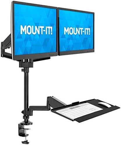 Mount-It! Dual Monitor Arm Desk Mount Sit-Stand Workstation with Keyboard Tray, Height Adjustable Gas Spring, Fits Two 17–32” Screens, 17.6 lbs Each, VESA 75x75 100x100, Clamp or Grommet (Black)