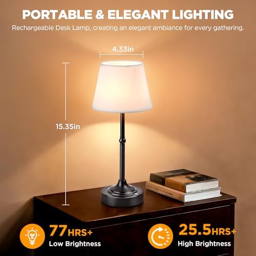 LUTEC Cordless Table Lamp, Battery Operated Lamp with 3 Color Temps and Stepless Dimming, 5200mAh Portable Rechargeable Table Lamp for Restaurant/Bedroom/Bars/Outdoor (Black)