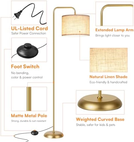TJOY Floor Lamp, Golden Standing Floor Lamp for Living Room with 3 CCT Bulb