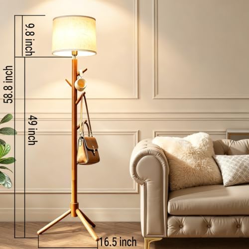 Coat Rack Floor Lamp, 2-in-1 Entryway Tall Lamp 3 Color Dimmable 58.8" Standing Lamps with 4 Hooks & Triangular Base for Living Room Corner, Bedroom, Small Apartments & Foyers