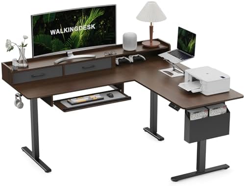 WALKINGDESK 63 Inches Height Adjustable L Shaped Standing Desk with 2 Drawers and Keyboard Tray, Electric Sit to Stand Home Office Comupter Table, Ergonomic Corner Gaming Desk, Black Walnut