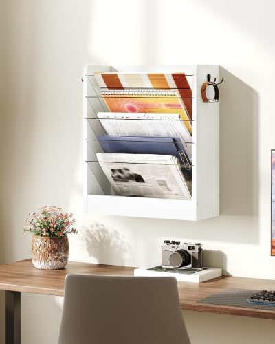 CHOEZON Wall File Holder, 6-Tier File Organizer, Office Supplies Storage Rack, Versatile Desktop Organizer, with Detachable Shelves, with Side Hooks, for Living Room, Study, Home Office, White MWJ02WB