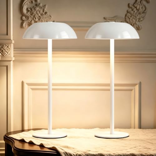 2 Pack Portable LED Mushroom Table Lamp, 12H Cordless Metal Night Light with Rechargeable Battery, Stepless Dimmable 3 Colors Desk Lamp for Bedroom Bar Coffee Shop(White)